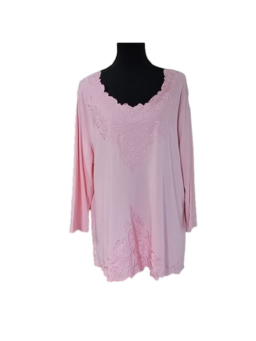 Pink Together Classics Machine Embroidered Cut V-Neck 3/4 Sleeve Top Size 2X